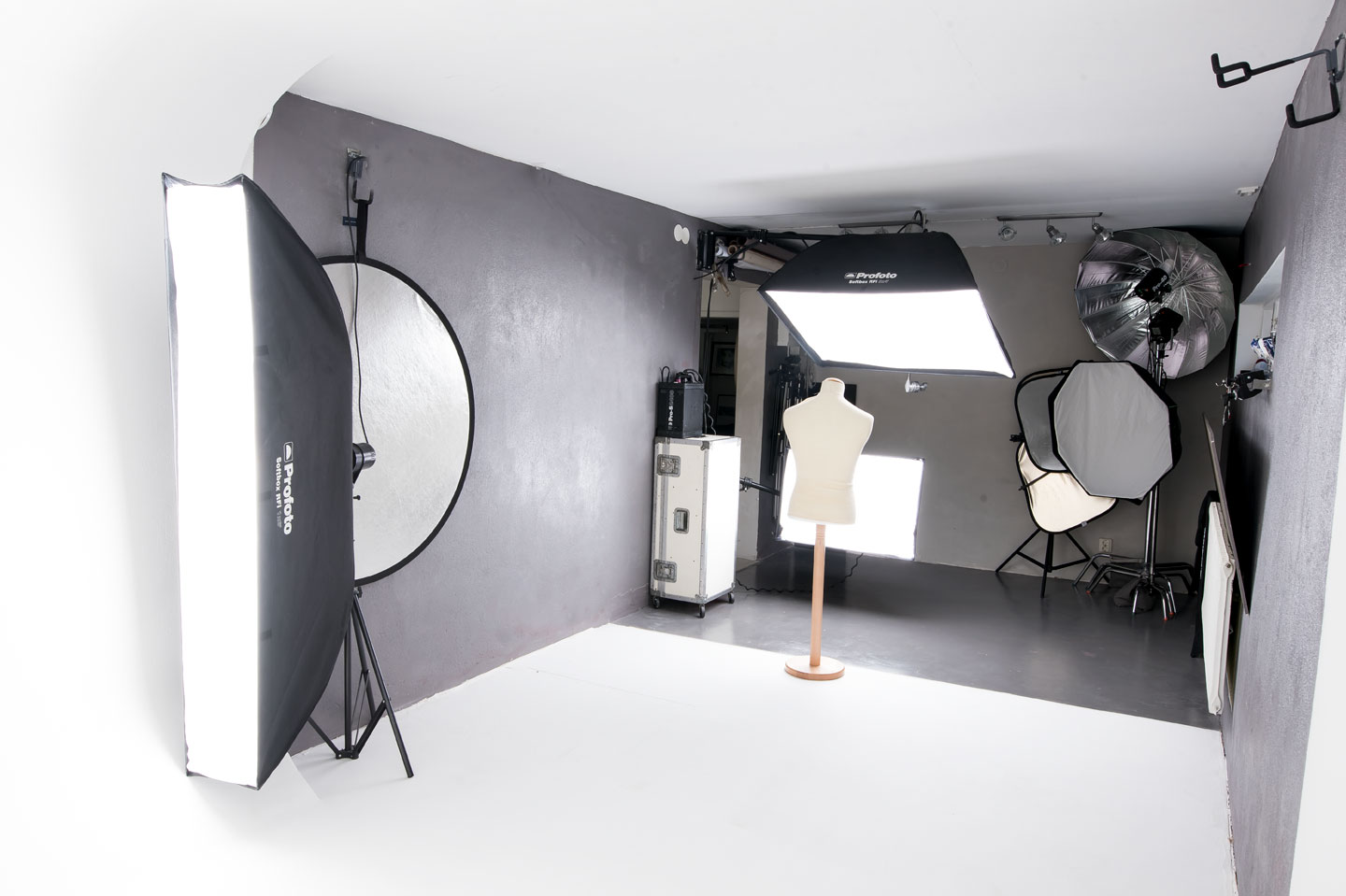 Professional photo studio with lights, umbrellas, and softboxes